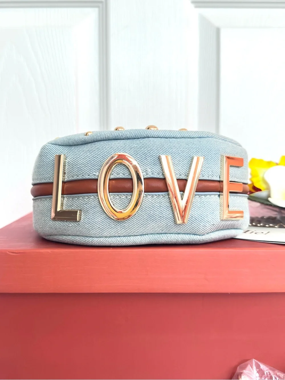 LE MIEL ~ Light Wash Denim Gold Studded Mini Bag w/Crossbody Chain Vegan PU